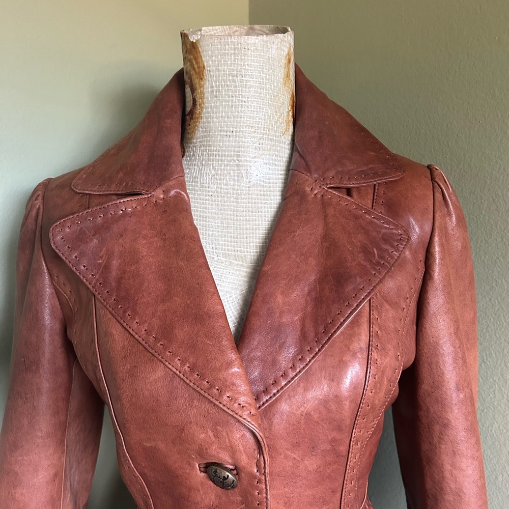 Portrait Women's Brown Leather Jacket Sz PS - Picture 3 of 9